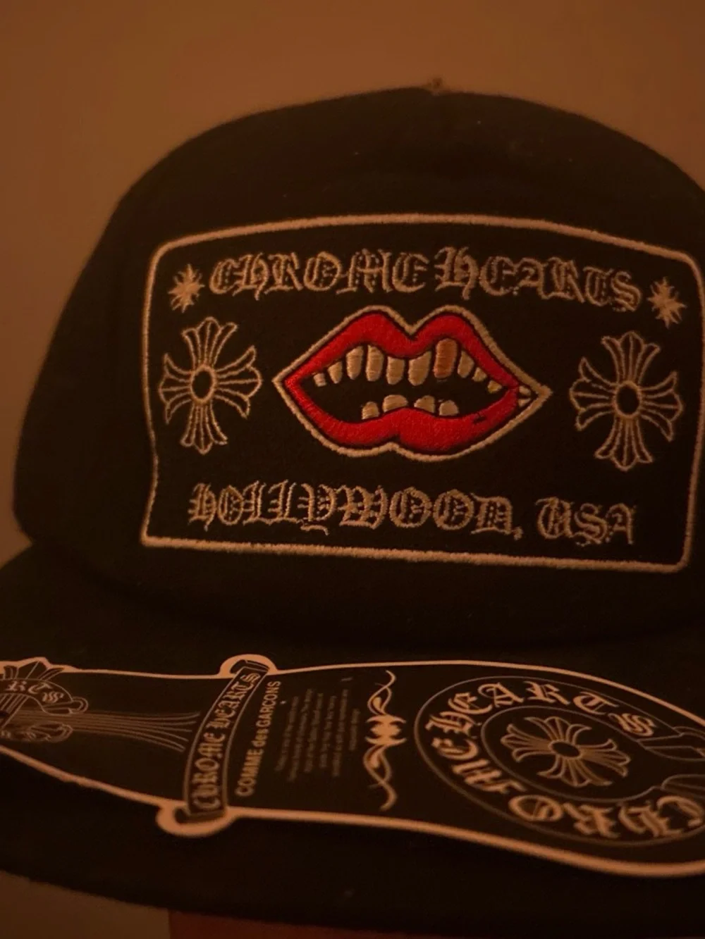 Chrome Hearts Black Snapback Hat with Red Lip Embroidery
